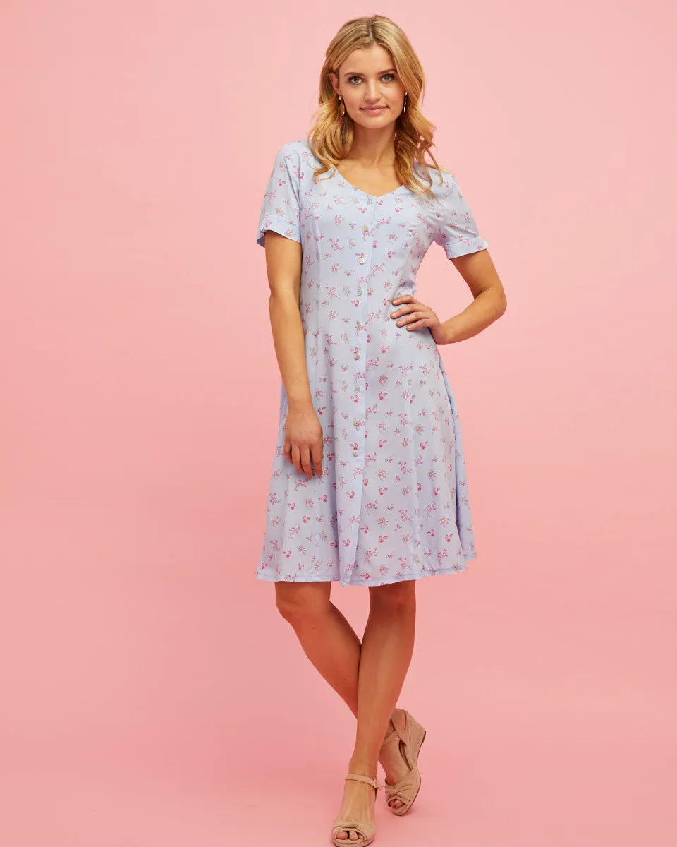 Button Front Nursing Dress - Sky Blue Floral