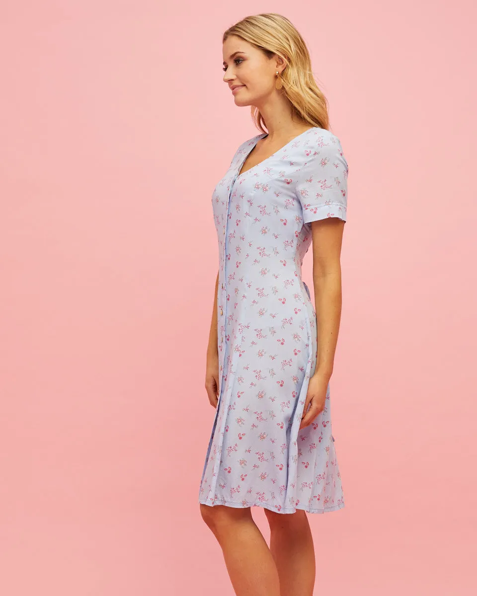 Button Front Nursing Dress - Sky Blue Floral