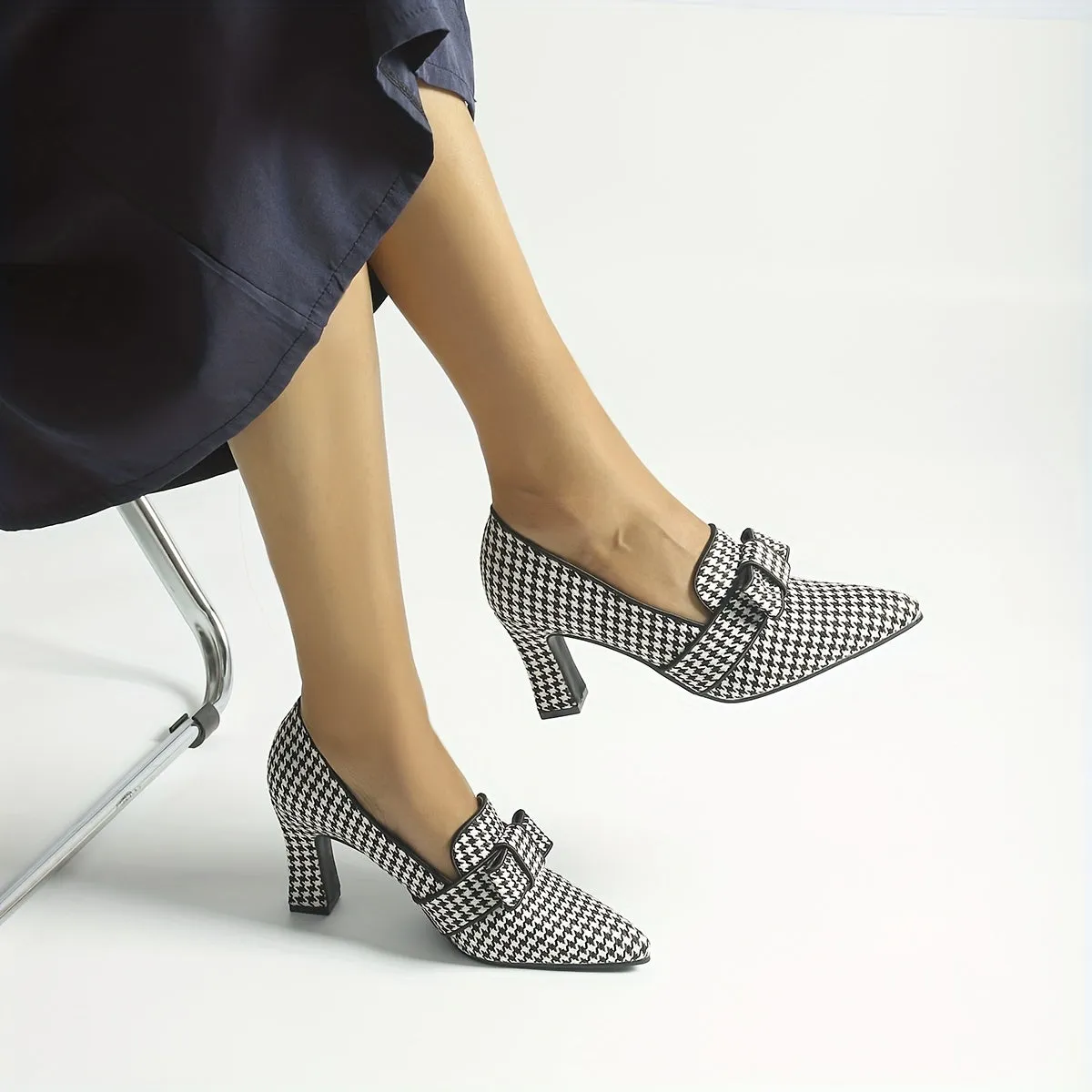 Chic Lightweight Houndstooth Mary-Jane Pumps - Embroidered Bowknot Pointed Toe, Comfort Block Heel for Fall