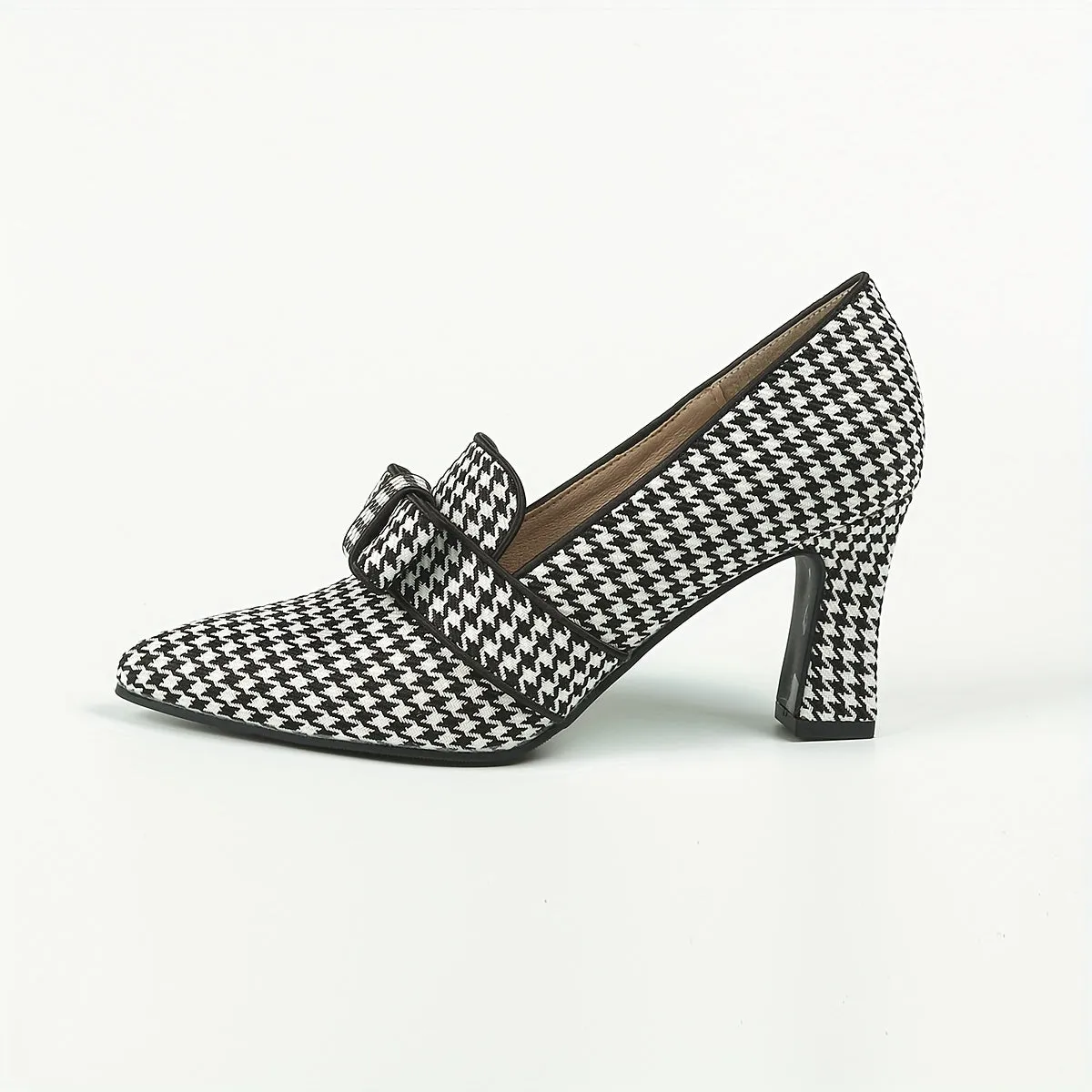 Chic Lightweight Houndstooth Mary-Jane Pumps - Embroidered Bowknot Pointed Toe, Comfort Block Heel for Fall