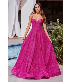 Cinderella Divine Fuchsia Glitter Strapless Prom Gown