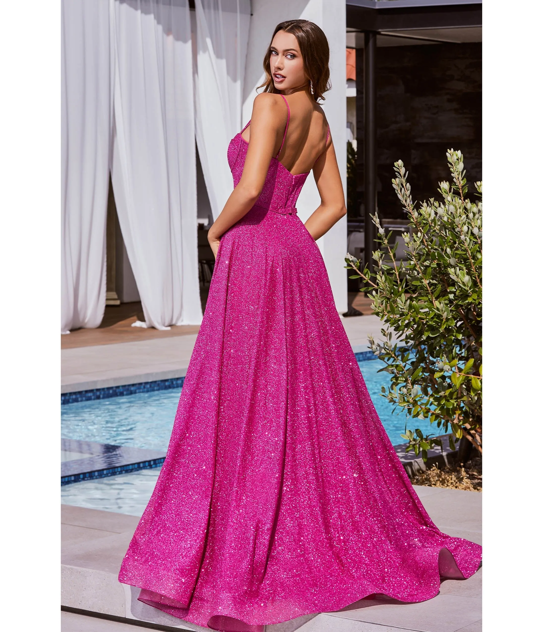 Cinderella Divine Fuchsia Glitter Strapless Prom Gown