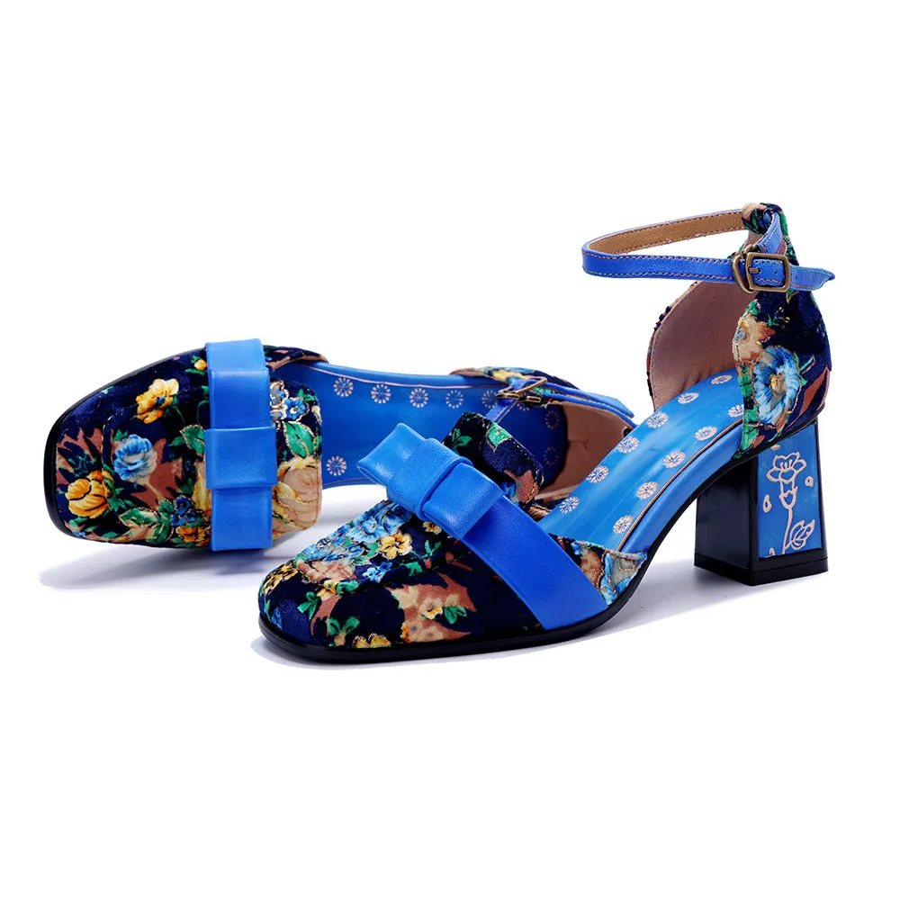 CrazycatZ Women's Leather Mary Jane Shoes Sandals Colorful Summer Shoes with Bow Block Heels pumps Blue