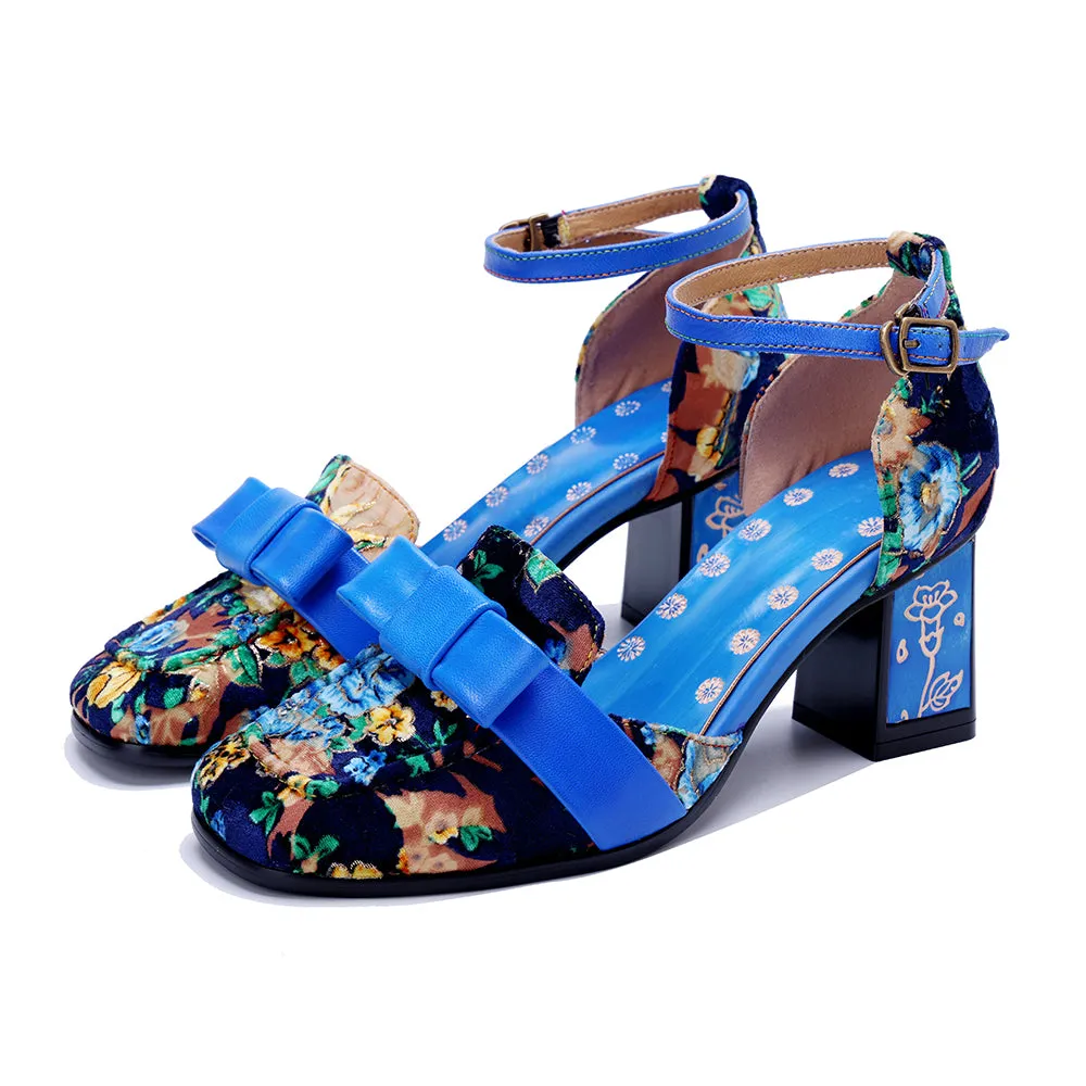 CrazycatZ Women's Leather Mary Jane Shoes Sandals Colorful Summer Shoes with Bow Block Heels pumps Blue