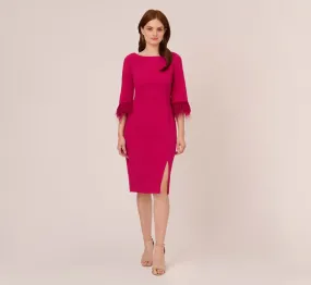 Crepe Sheath Dress With V-Back And Feather-Trim Sleeves In Rich Magenta