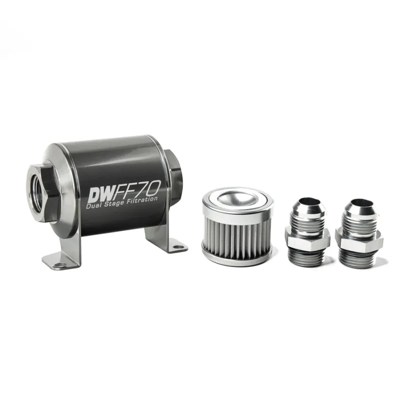 DeatschWerks Fuel Filter - 10 Micron - Stainless Element - 10 AN Male Inlet - 10 AN Male Outlet - 70 mm Long - Aluminum - Titanium