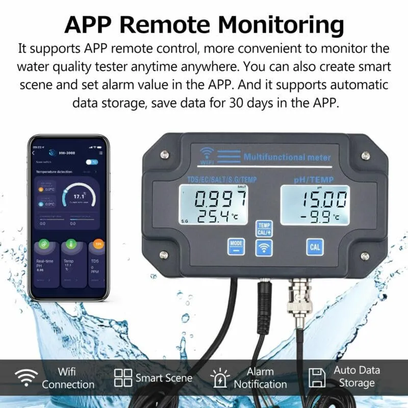 Digital Wifi 6 in 1 Monitor pH, TDS, EC, TEMP, SALT, G.S