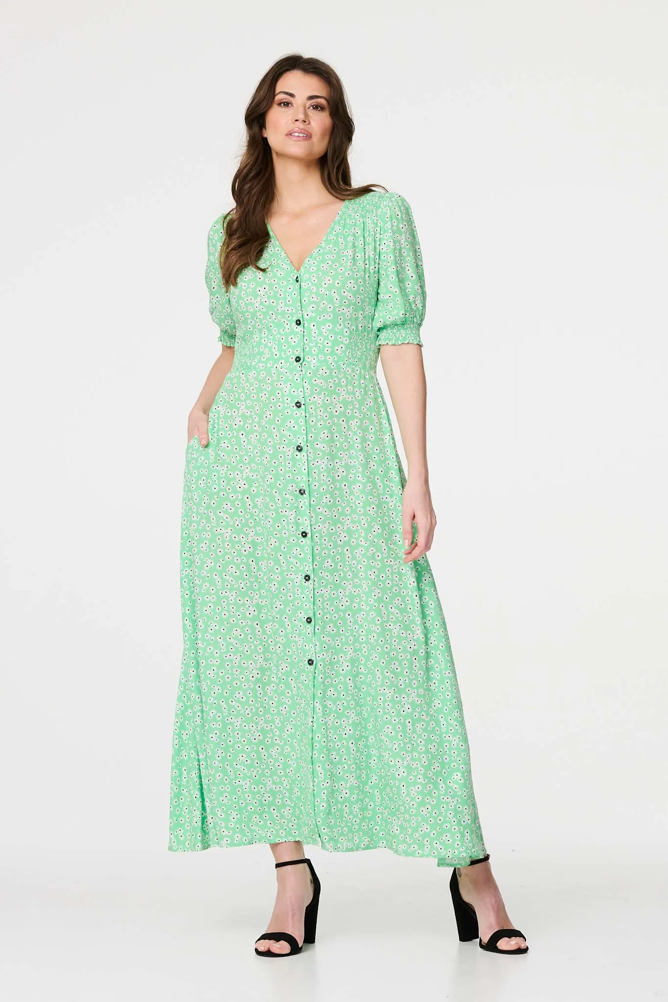 Ditsy Floral 1/2 Puff Sleeve Maxi Dress