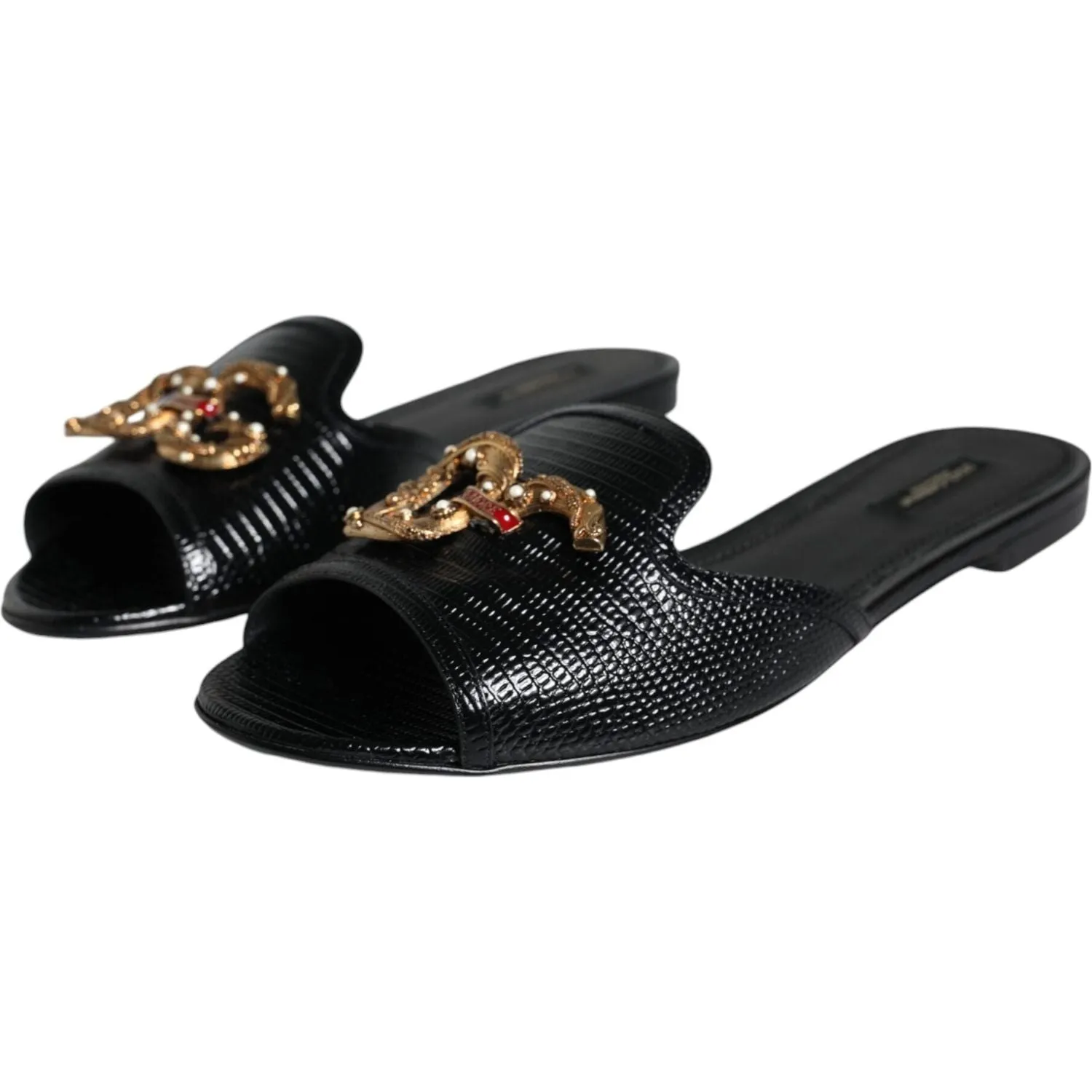 Dolce & Gabbana Black DG Amore Leather Slip On Flats Shoes