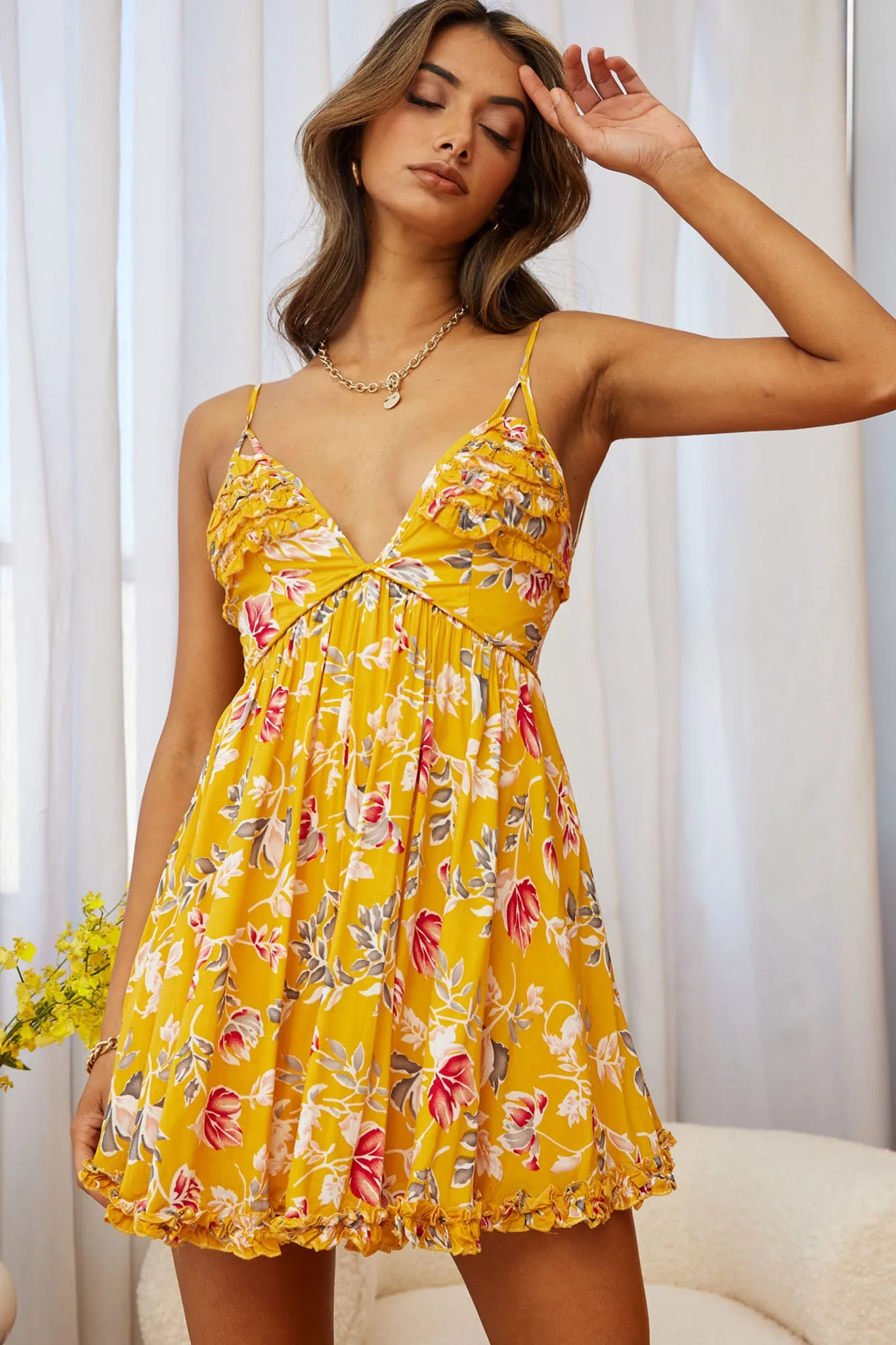 Dote On Me Frill Trim Strappy Back Dress Flower Print Mustard