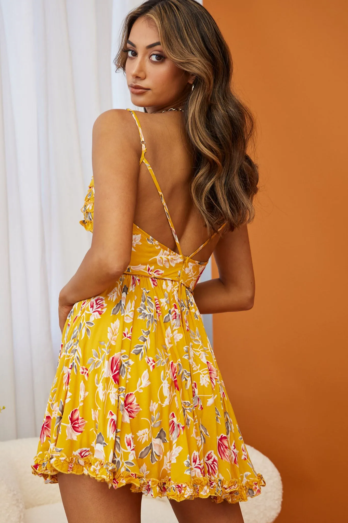 Dote On Me Frill Trim Strappy Back Dress Flower Print Mustard