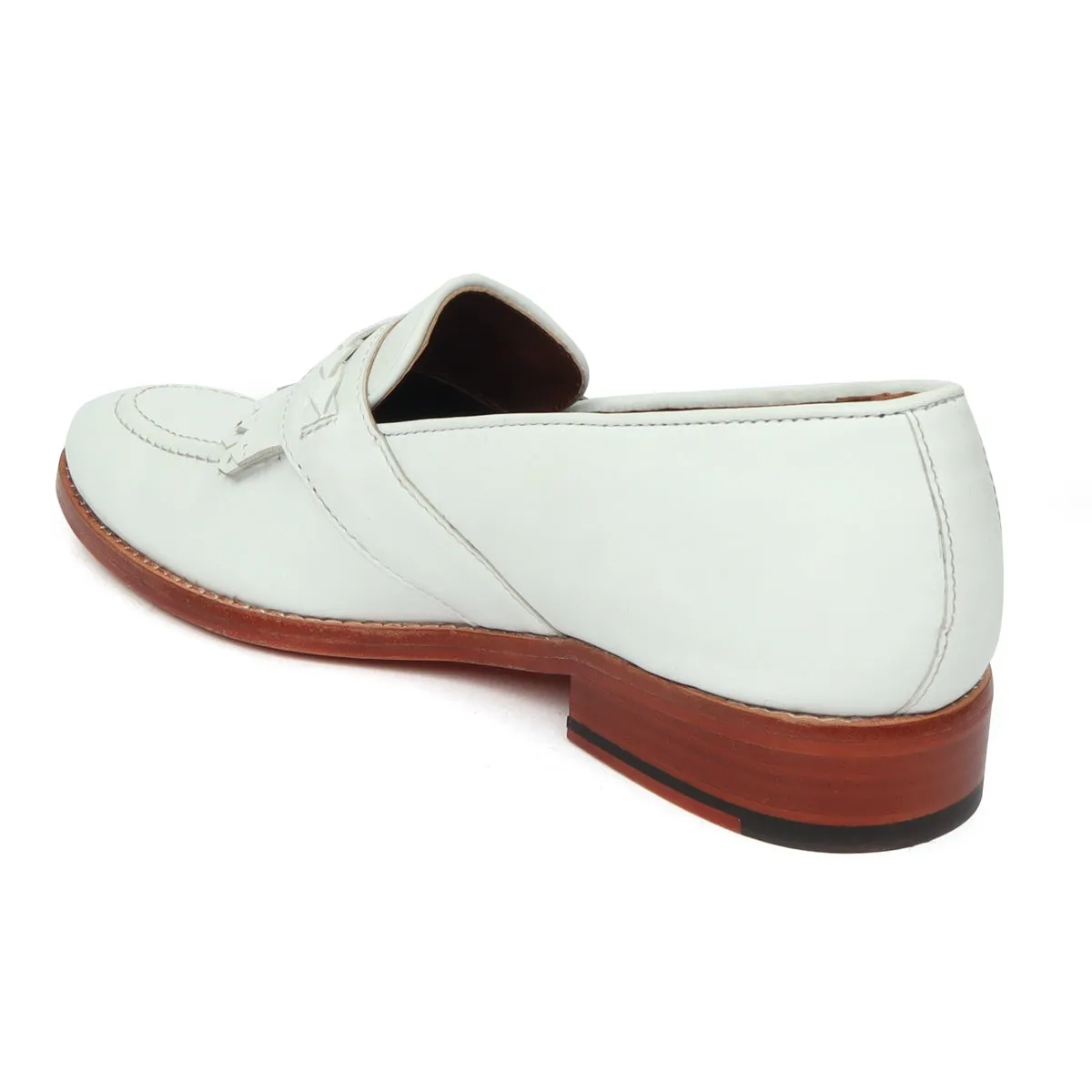 Dual Fringes Slip-On Loafers in White Leather with Weaved Strip by Brune & Bareskin