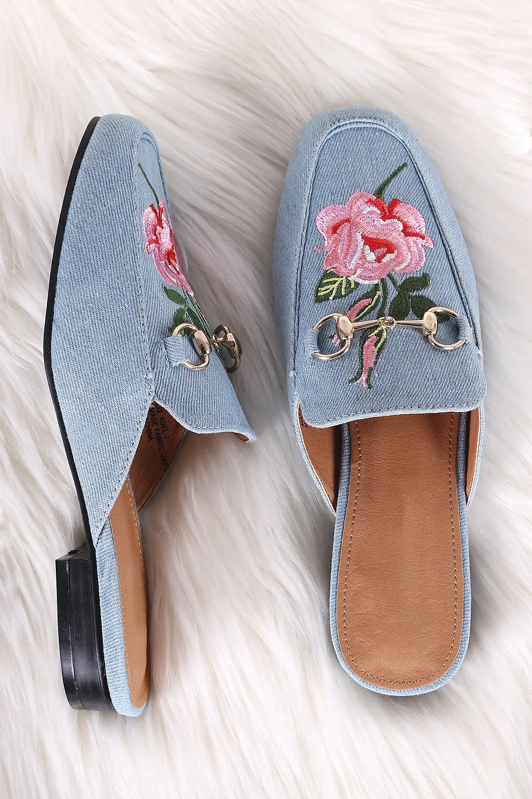 Embroidered Floral Denim Slip On Mule Flat