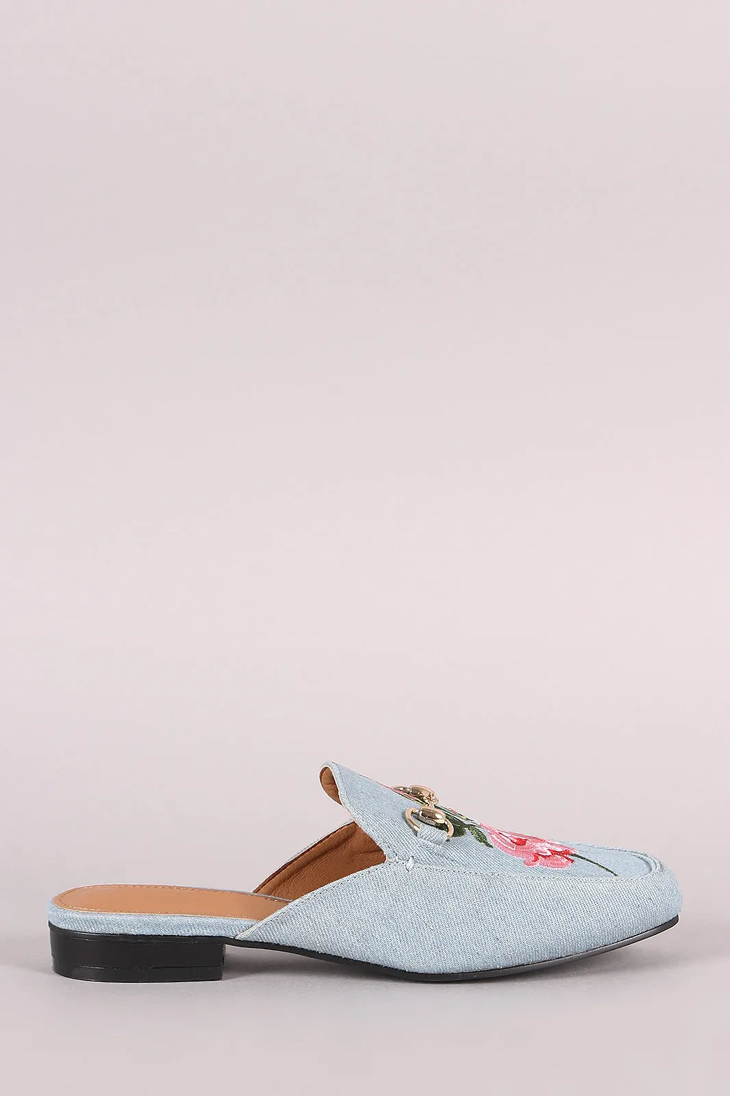 Embroidered Floral Denim Slip On Mule Flat