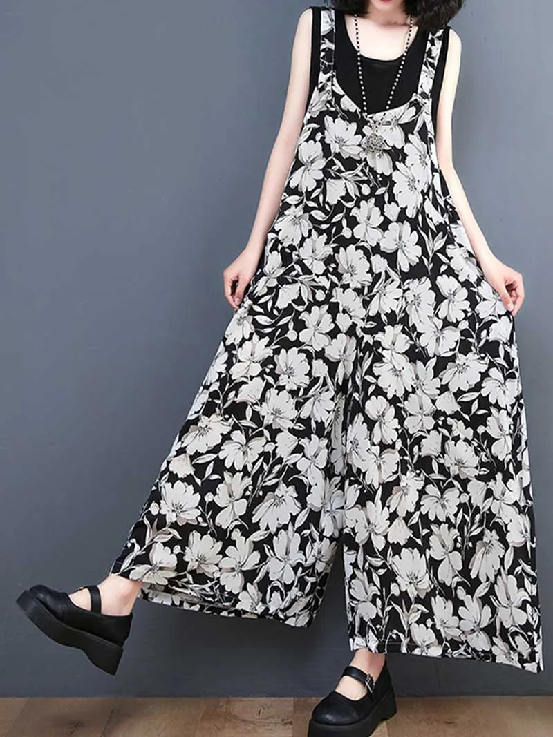 Floral Print Cotton Wide-Leg Overall Jumpsuit