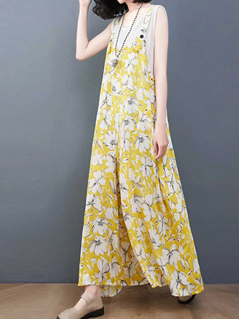 Floral Print Cotton Wide-Leg Overall Jumpsuit