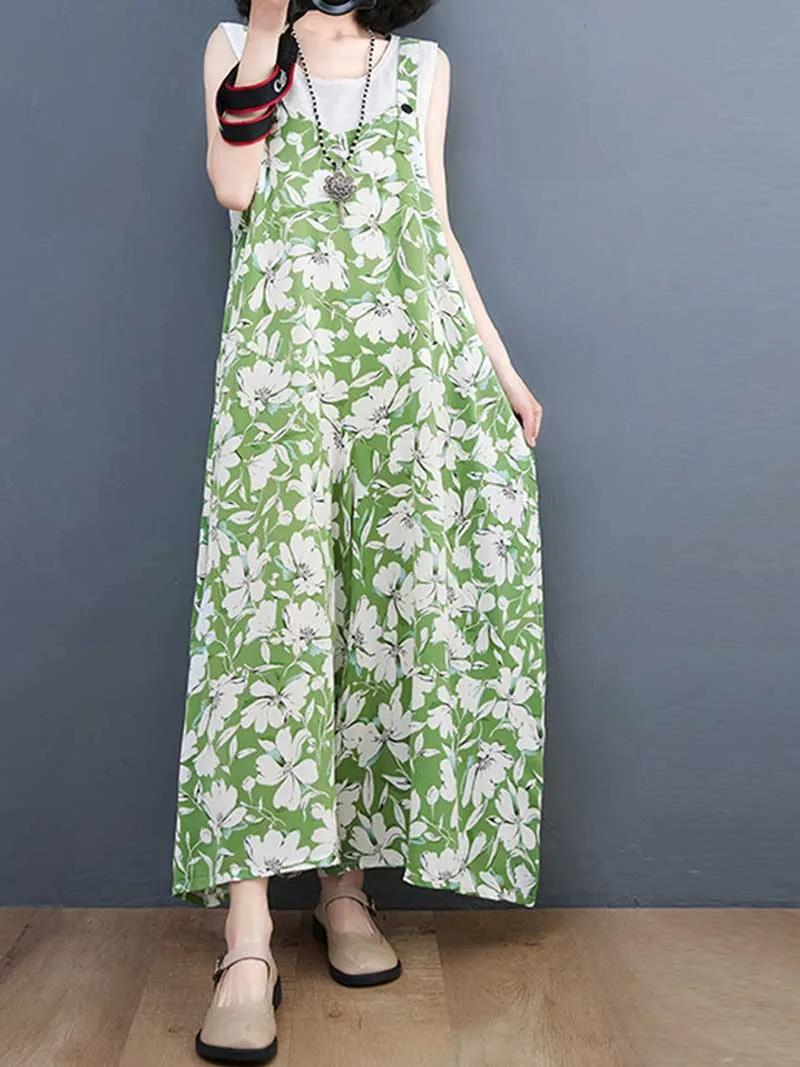 Floral Print Cotton Wide-Leg Overall Jumpsuit