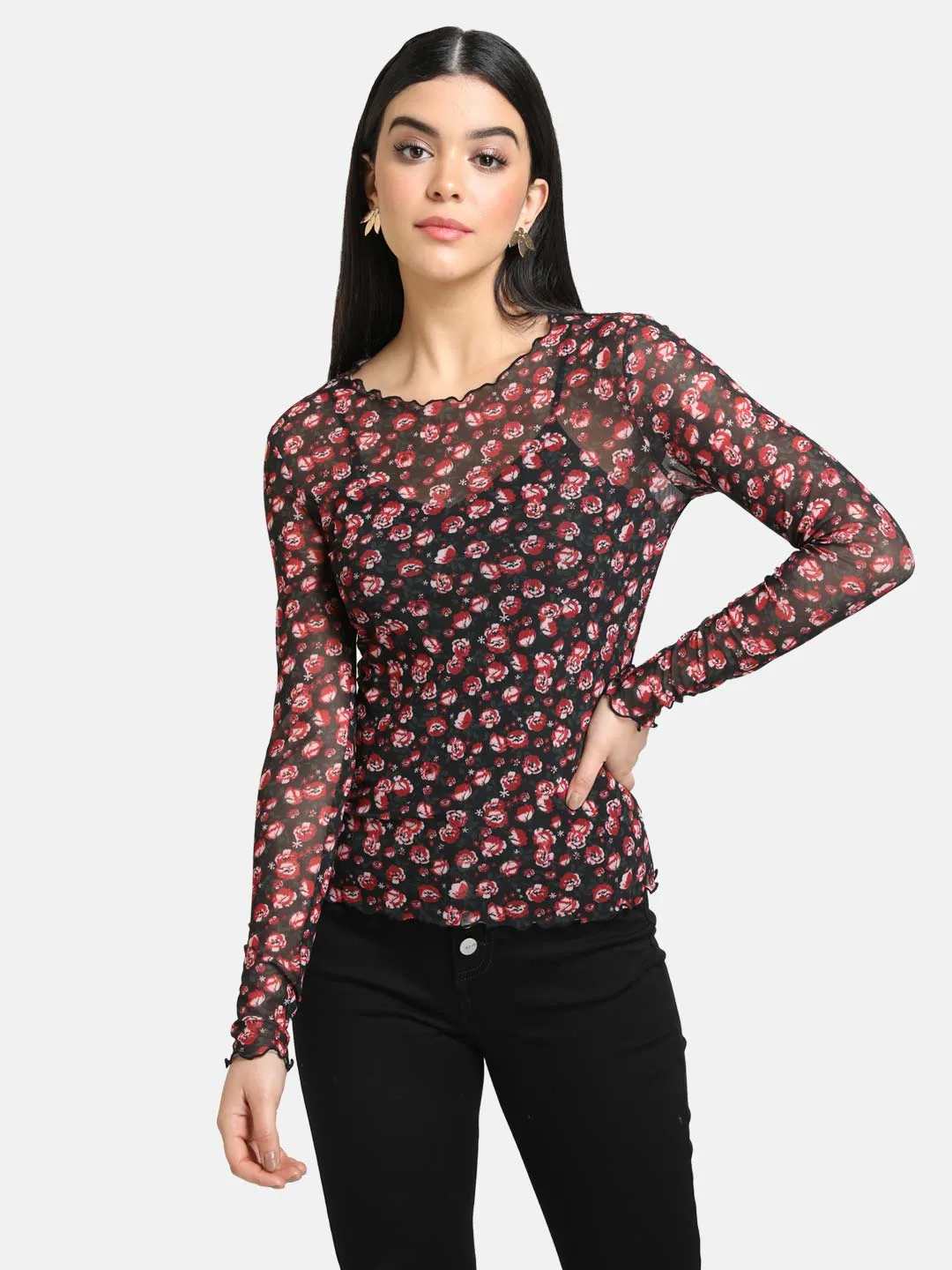 Floral Stretch Mesh Full Sleeve Top