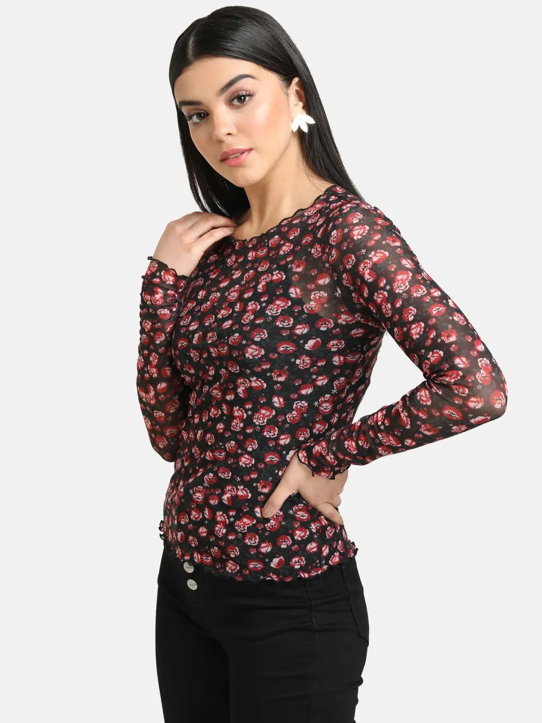 Floral Stretch Mesh Full Sleeve Top