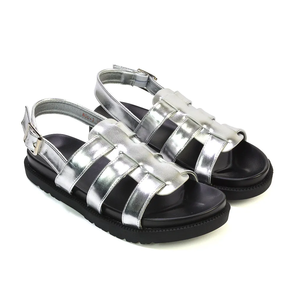 Gayna Strappy Slingback Flatform Casual Summer Chunky Sandals in Silver