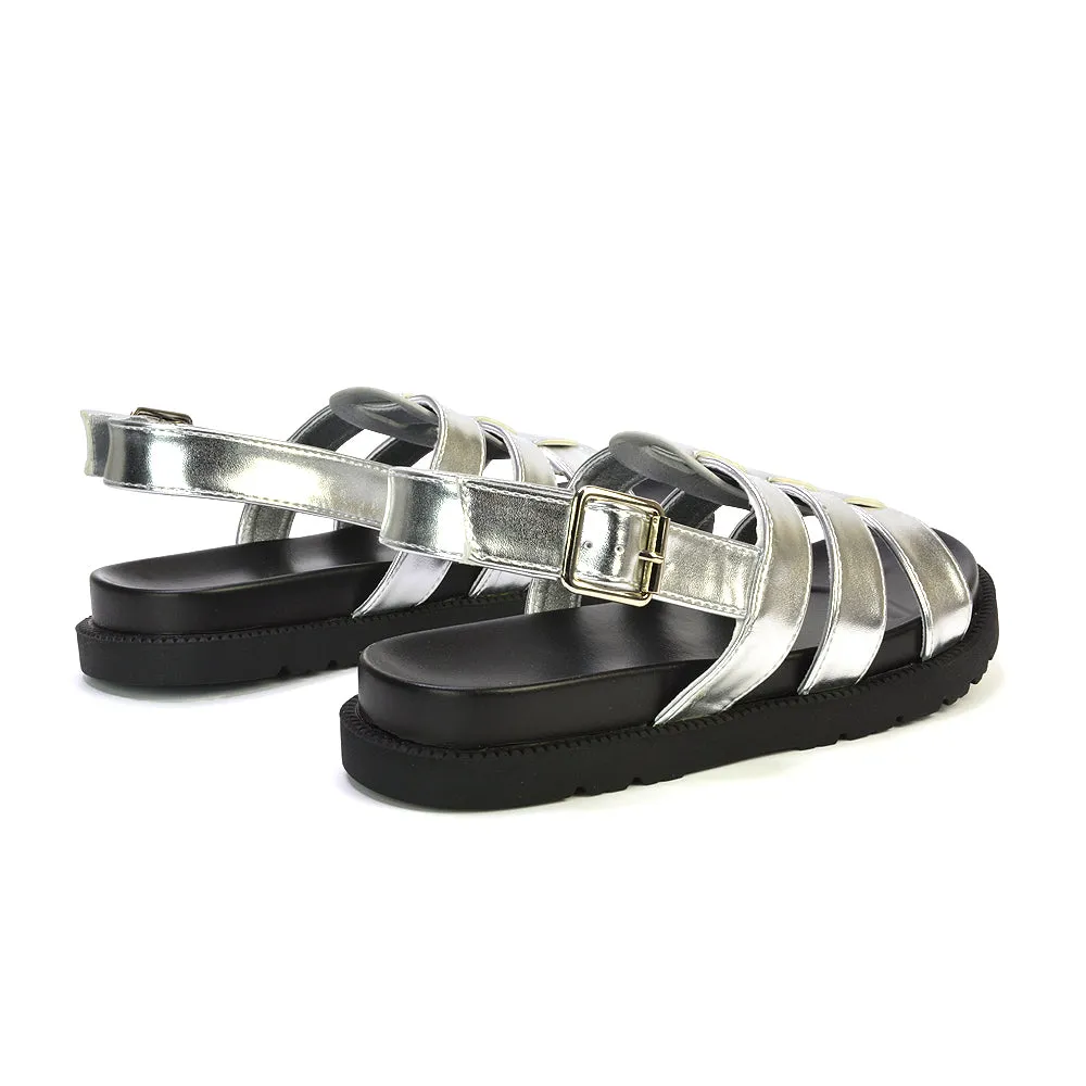 Gayna Strappy Slingback Flatform Casual Summer Chunky Sandals in Silver