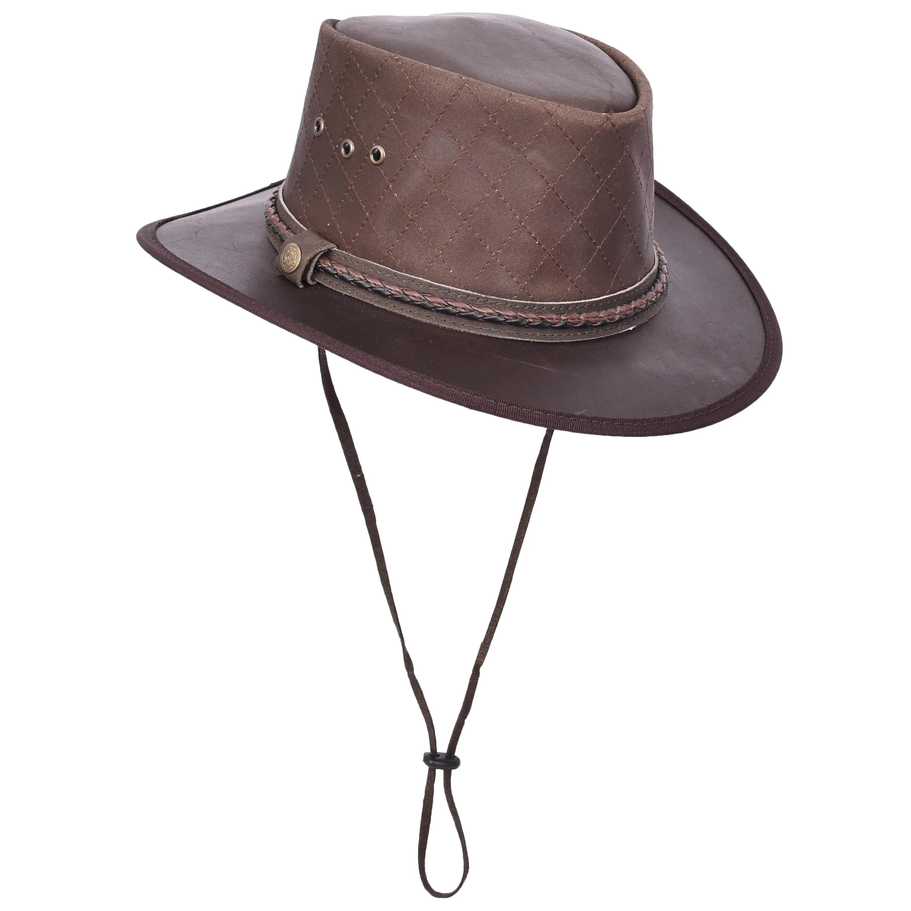 Genuine Leather Australian Bush Hat Removable Chin Strap Cowboy Style Nashville Brown