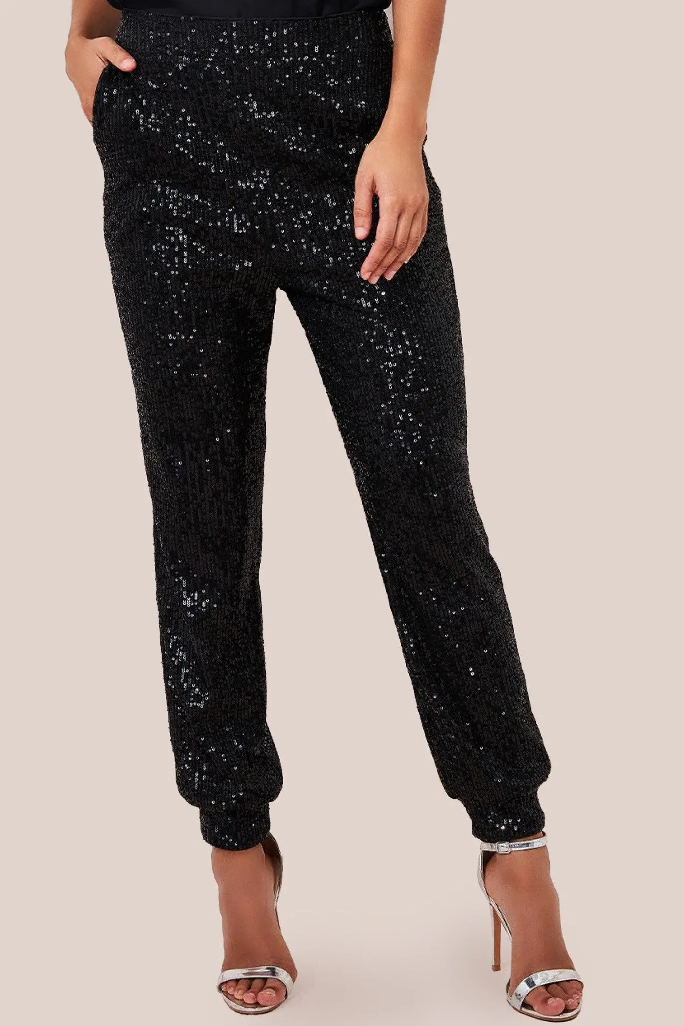 Goddiva Sequin Cuffed Ankle Trouser - Black