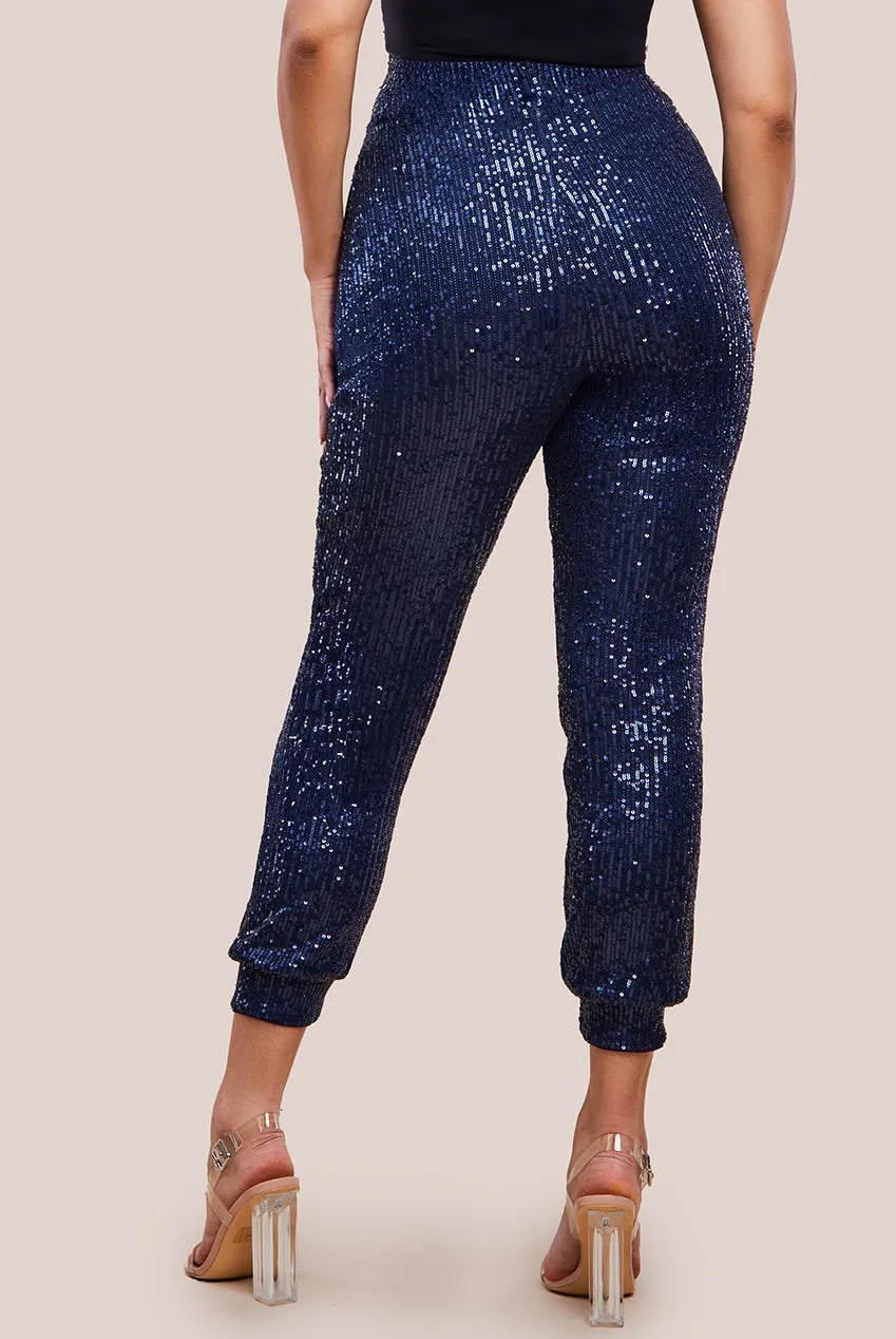 Goddiva Sequin Cuffed Ankle Trouser - Navy