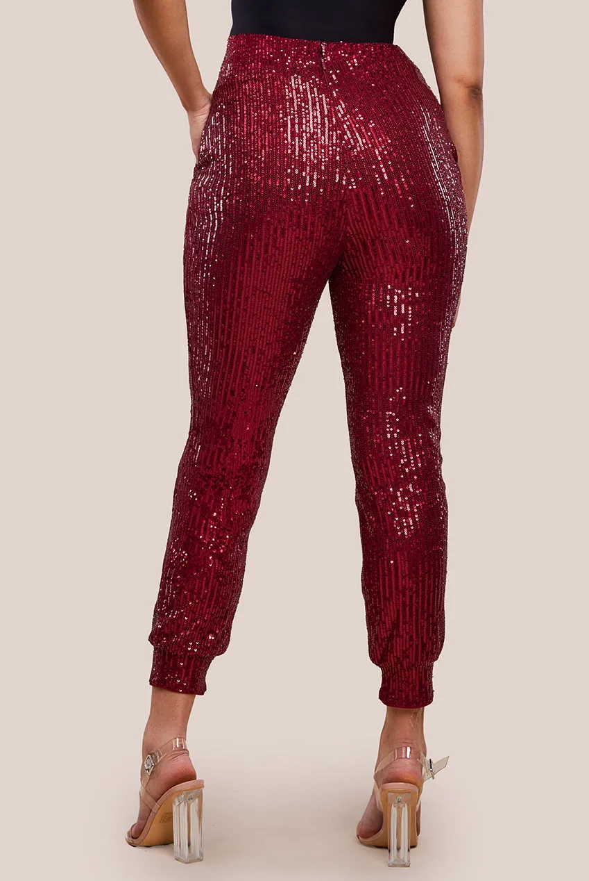 Goddiva Sequin Cuffed Ankle Trouser - Wine