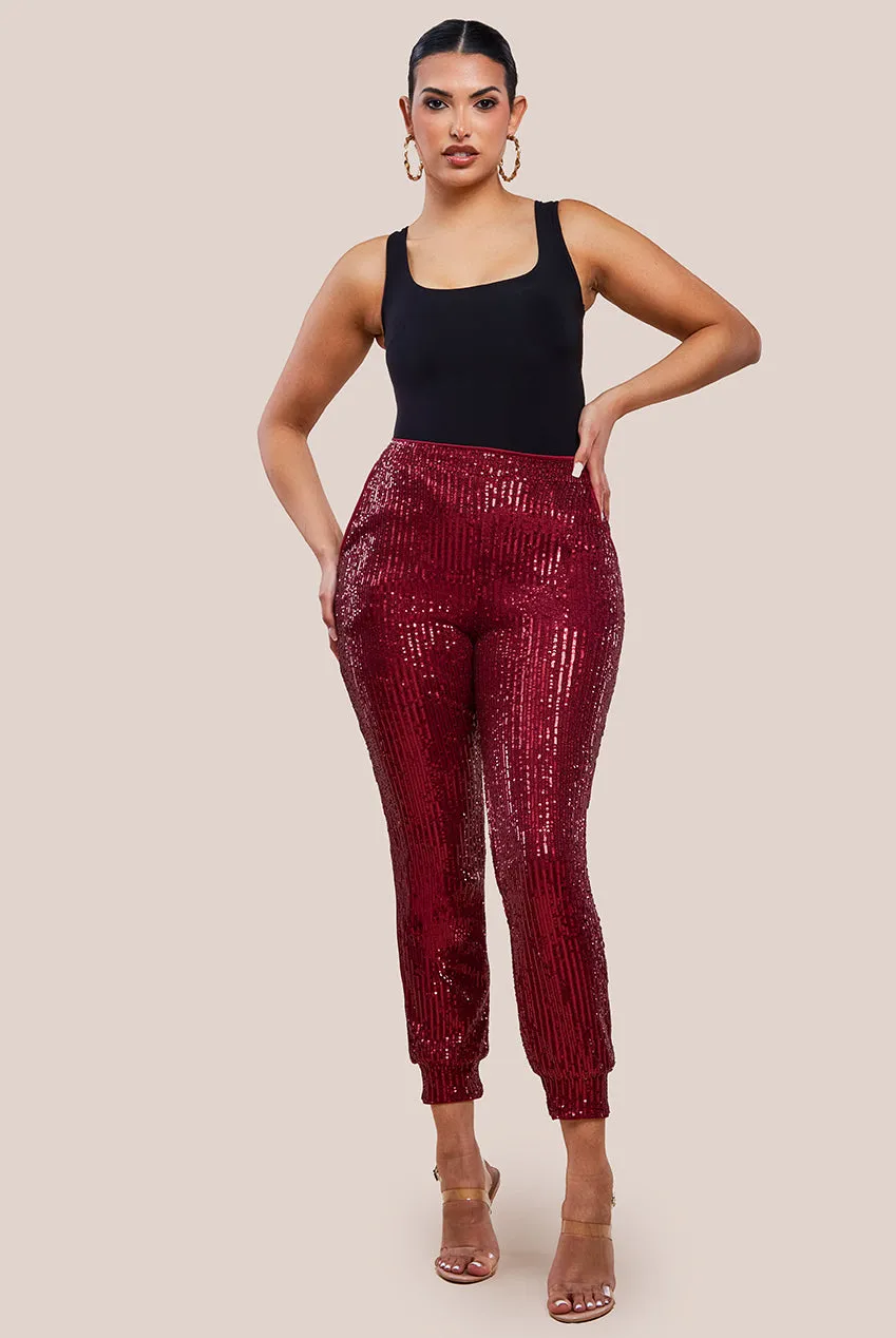 Goddiva Sequin Cuffed Ankle Trouser - Wine