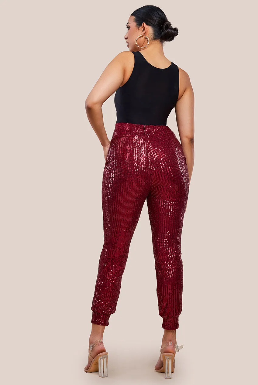 Goddiva Sequin Cuffed Ankle Trouser - Wine