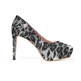 Gray Leopard Heels, Black Grey Animal Print Women's Platform Heels Pumps (US Size: 5-11)