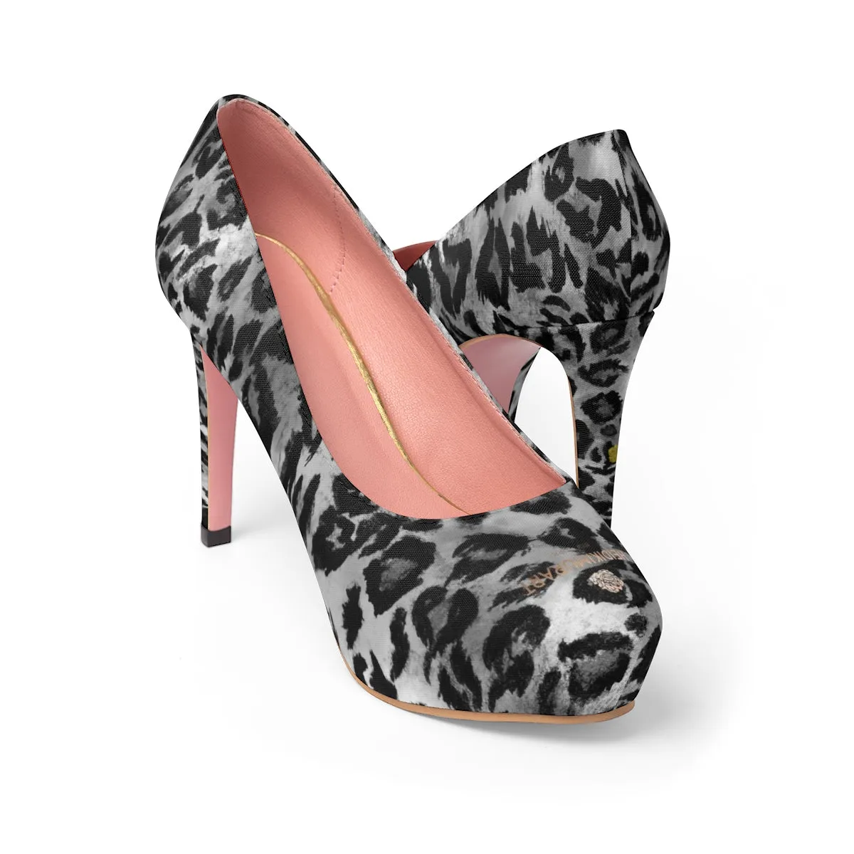 Gray Leopard Heels, Black Grey Animal Print Women's Platform Heels Pumps (US Size: 5-11)