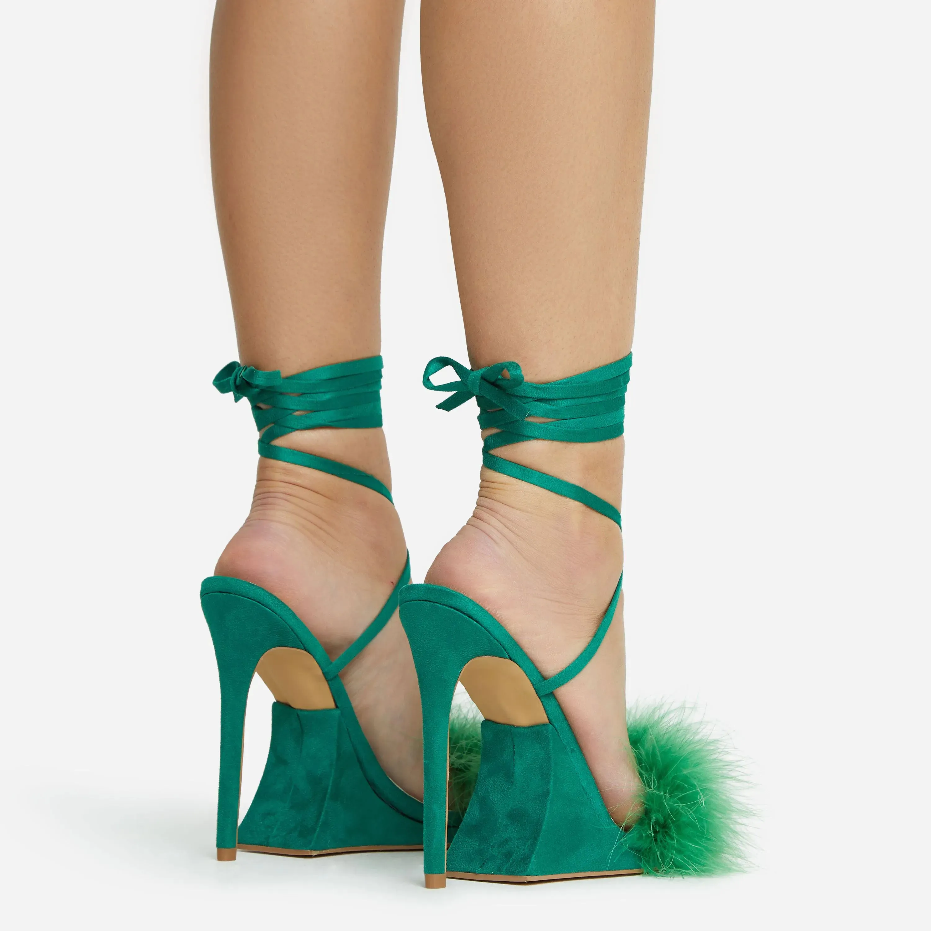 Green Lace Up Fluffy Faux Feather Detail Square Toe Sculptured Platform Stiletto Heel In Faux Leather