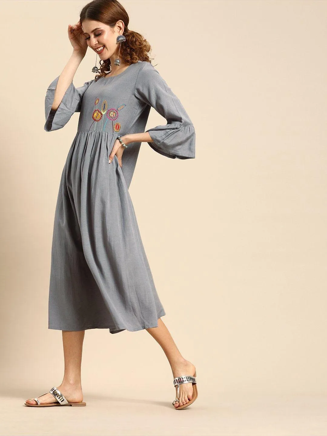 Grey With Multi Color Floral Embroidered Dress