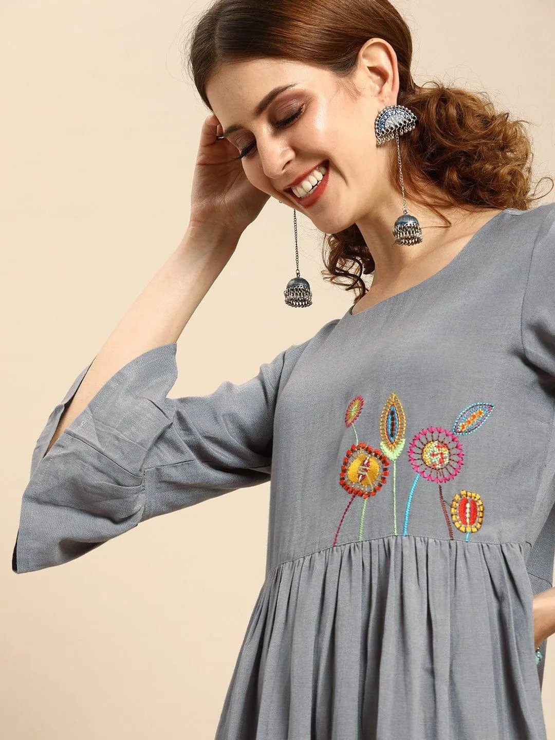 Grey With Multi Color Floral Embroidered Dress