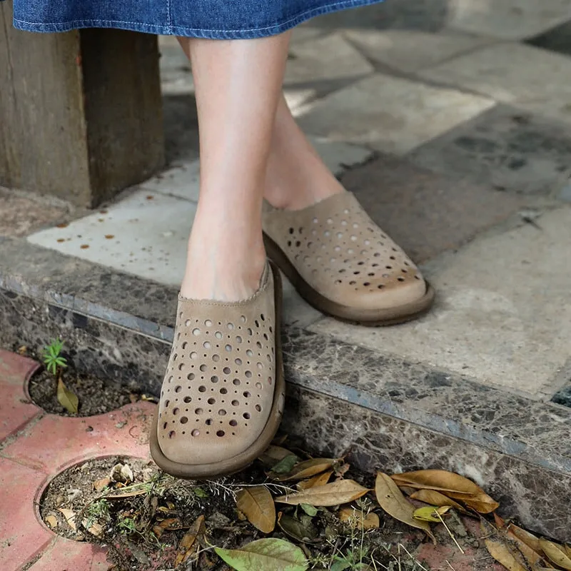 Handmade Genuine Leather Slip Ons Flats Perforated Breathable Loafers in Brown/Grey