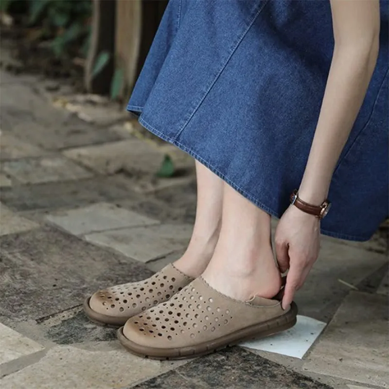 Handmade Genuine Leather Slip Ons Flats Perforated Breathable Loafers in Brown/Grey