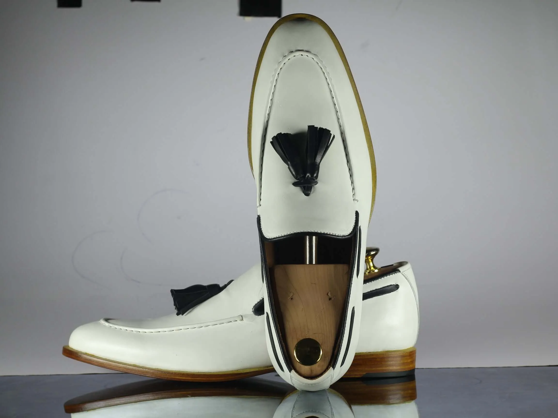 Handmade Men's White Color Leather Tassel Loafers, Men Designer Dress Formal Luxury Shoes