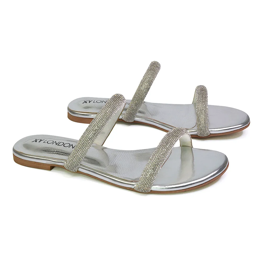 Hope Slip On Sparkly Bridal Shoes Summer Diamante Flat Sandals in Silver