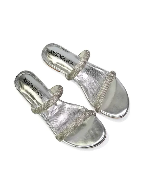 Hope Slip On Sparkly Bridal Shoes Summer Diamante Flat Sandals in Silver