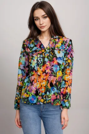 Johnny Was Wild Blooms Floral Ruffled Yoke Blouse R19624