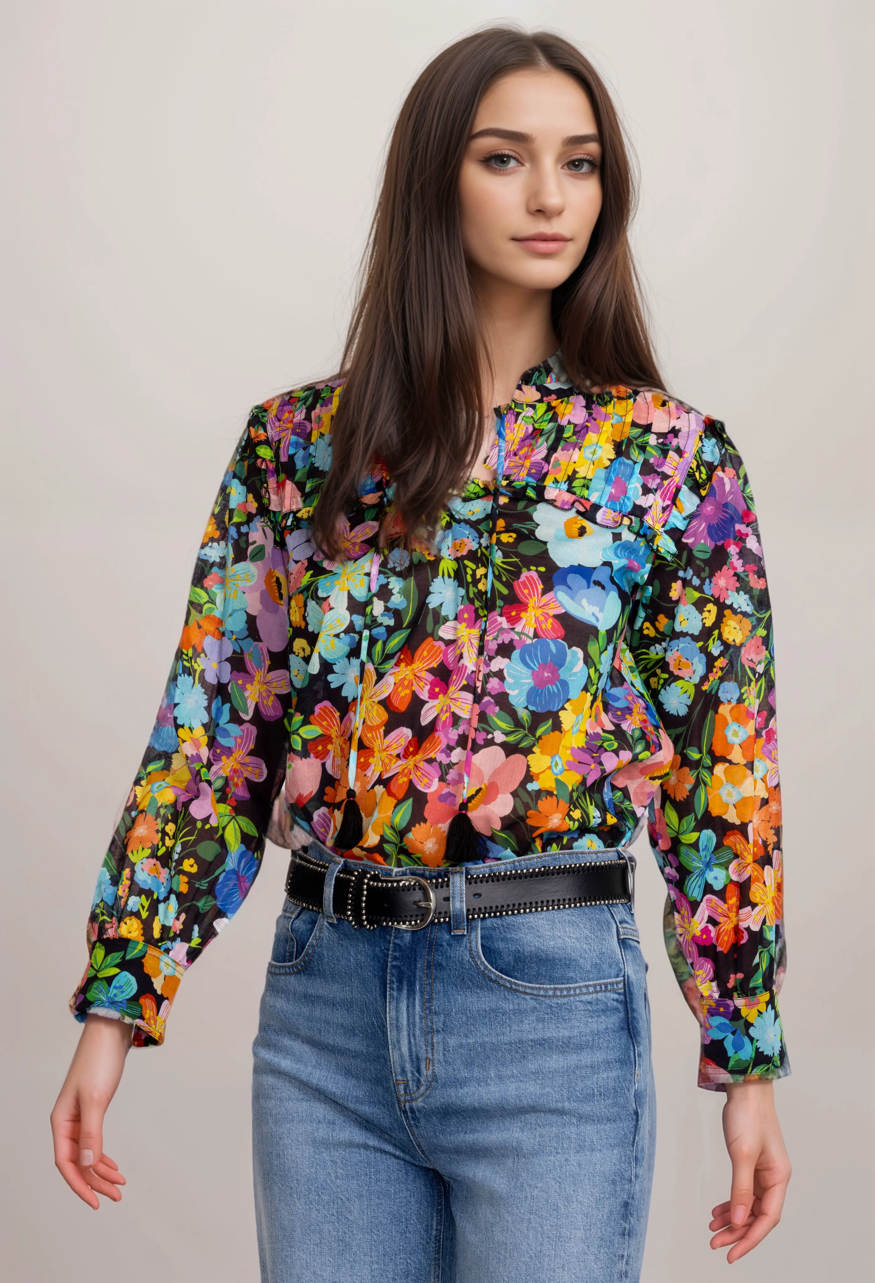 Johnny Was Wild Blooms Floral Ruffled Yoke Blouse R19624