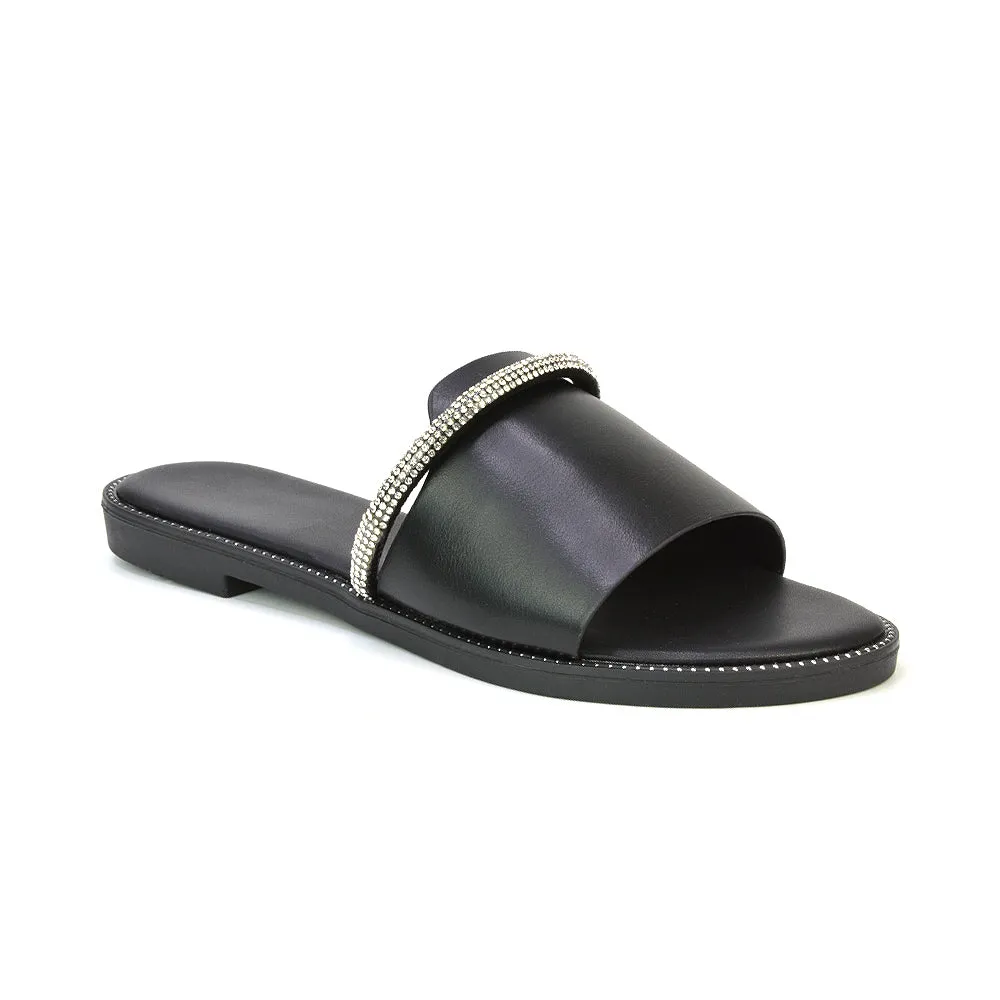 Khai Flat Sandal Summer Slip On Sliders With Diamante Rhinestone Strap in Black