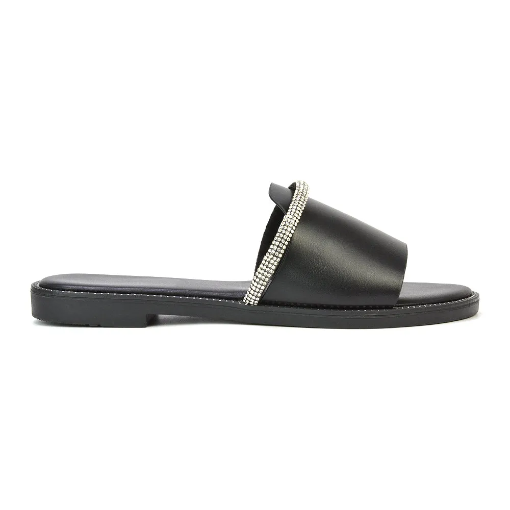 Khai Flat Sandal Summer Slip On Sliders With Diamante Rhinestone Strap in Black