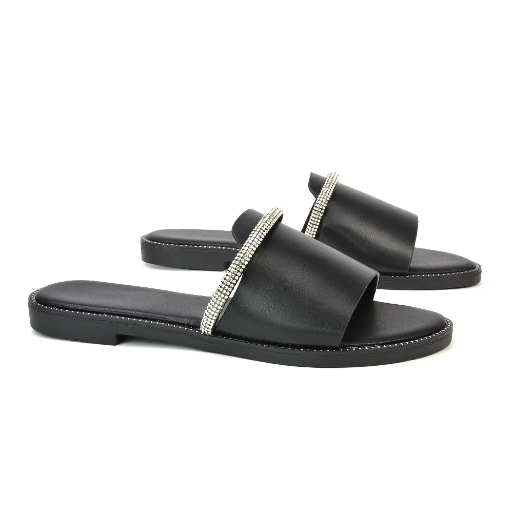 Khai Flat Sandal Summer Slip On Sliders With Diamante Rhinestone Strap in Black