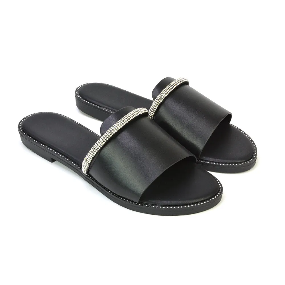 Khai Flat Sandal Summer Slip On Sliders With Diamante Rhinestone Strap in Black