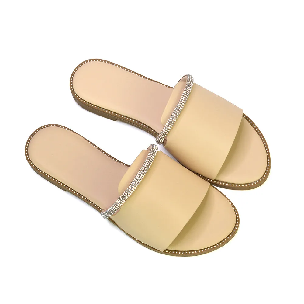 Khai Flat Sandal Summer Slip On Sliders With Diamante Rhinestone Strap in Nude