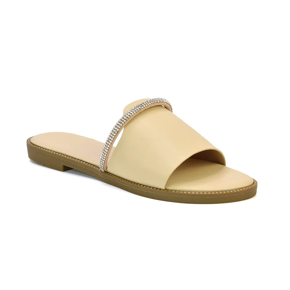 Khai Flat Sandal Summer Slip On Sliders With Diamante Rhinestone Strap in Nude