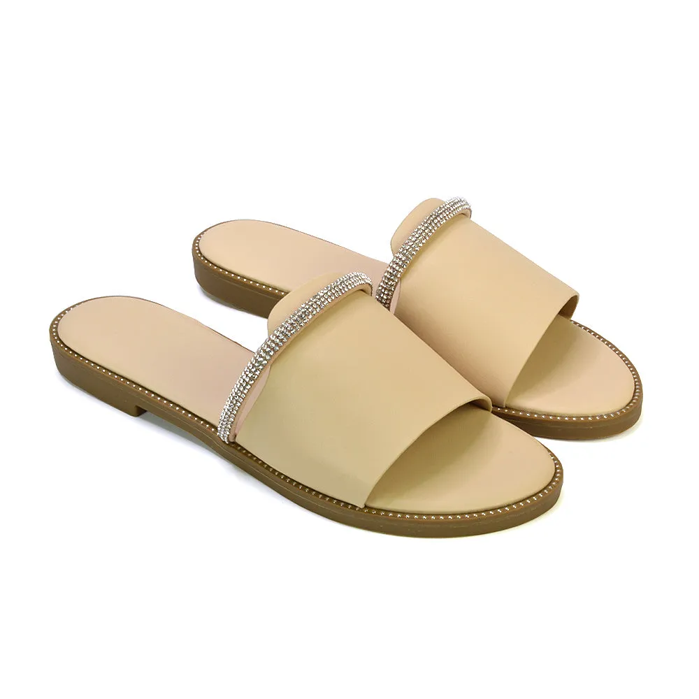 Khai Flat Sandal Summer Slip On Sliders With Diamante Rhinestone Strap in Nude